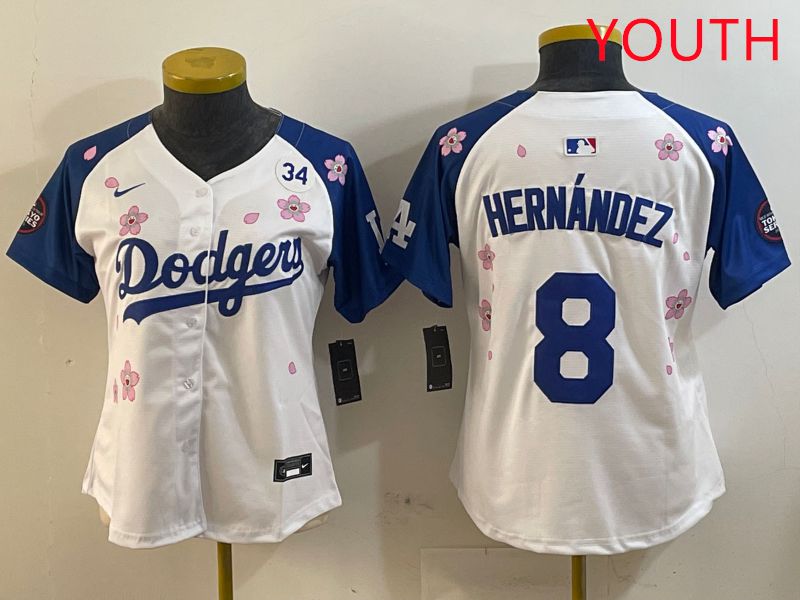 Youth Los Angeles Dodgers #8 Hernandez White Blue Sakura Edition 2025 Nike MLB Jersey style 4->youth mlb jersey->Youth Jersey